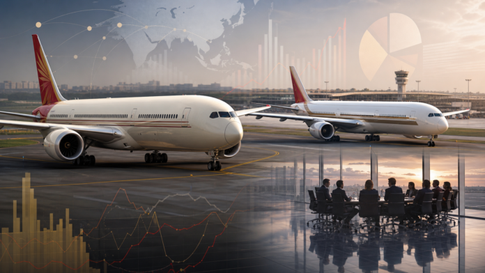 Air India और Singapore Airlines निवेश पर हवाई अड्डे तथा बोर्डरूम का संपादकीय चित्रण