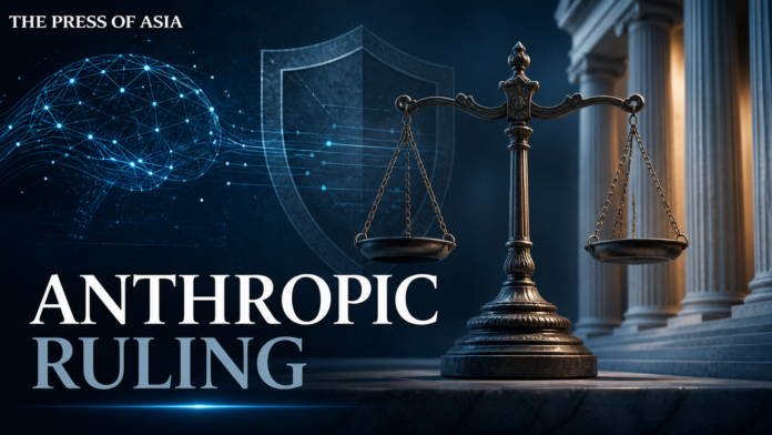 Editorial illustration of artificial intelligence, a federal courthouse and scales of justice for the Anthropic ruling