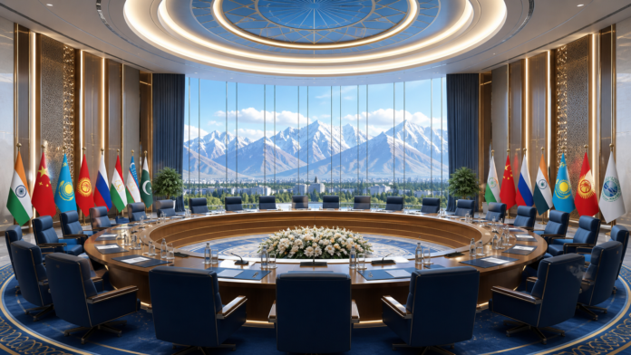 Bishkek SCO Summit 2026 के लिए तैयार अंतरराष्ट्रीय सम्मेलन कक्ष का संपादकीय चित्रण