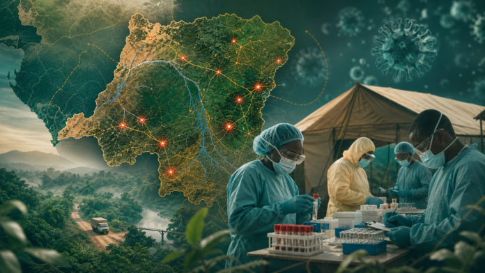 कांगो के नक्शे, स्वास्थ्यकर्मियों और फील्ड क्लिनिक का Ebola outbreak दर्शाता संपादकीय चित्र