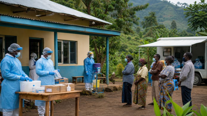 Congo Ebola response team in protective equipment outside a community health centre