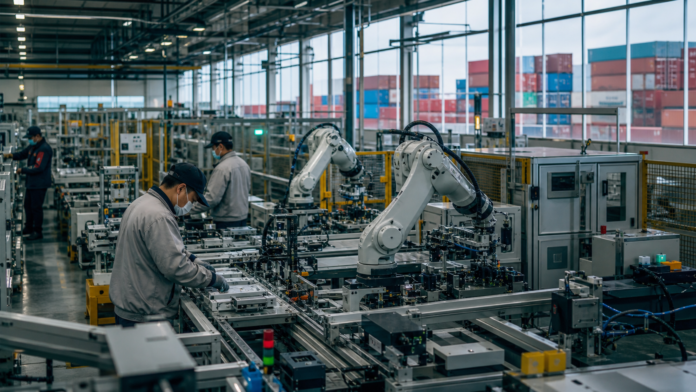 Workers and robotic equipment on a modern Chinese manufacturing line