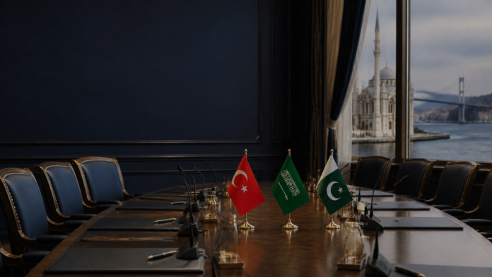 Türkiye, Saudi Arabia and Pakistan flags at a diplomatic conference table in Istanbul