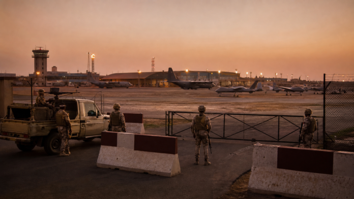 Nigerien security forces outside Air Base 101 near Niamey after a military mutiny