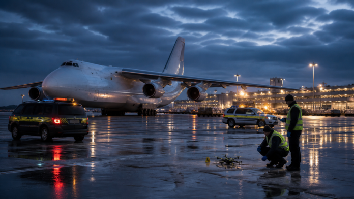 Cargo aircraft and German security vehicles at Leipzig Halle Airport after a suspected drone incident
