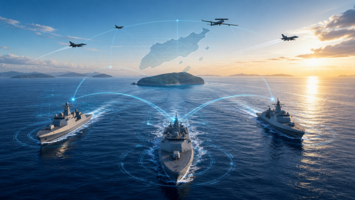 Jeju Island के पास तीन नौसैनिक जहाजों, aircraft और data links का Freedom Edge 2026 संपादकीय चित्र