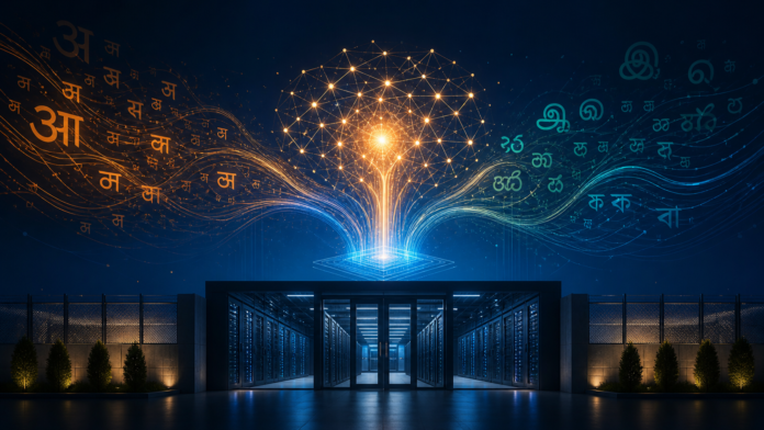 भारतीय भाषाओं और सुरक्षित on-premise data centre को दर्शाता Gnani Artha sovereign AI का संपादकीय चित्र