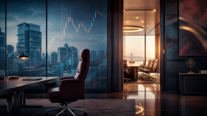 Editorial illustration of an empty CEO chair and Mumbai boardroom representing HDFC Bank leadership succession