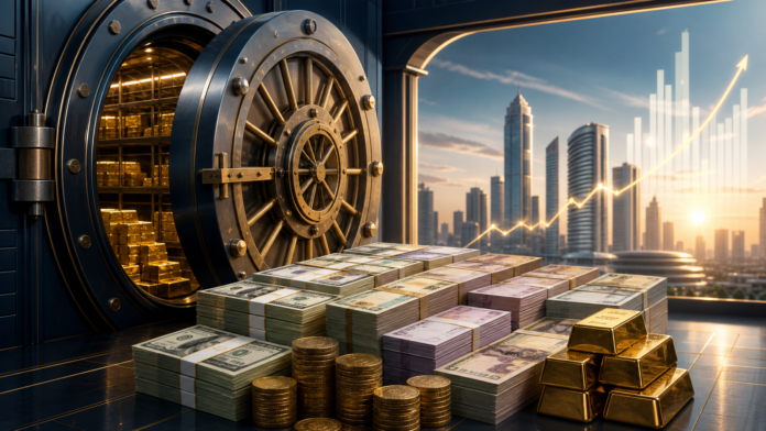Editorial illustration of India’s record forex reserves with currency, gold and a rising financial chart