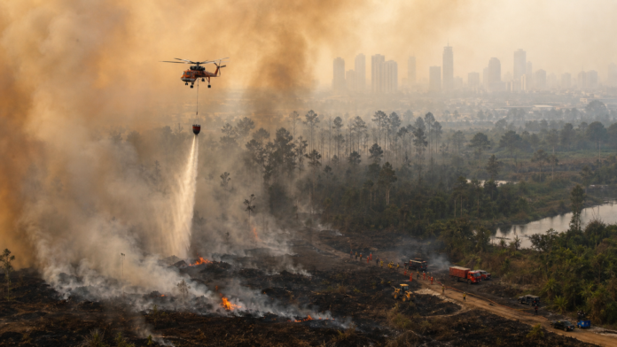 Aerial firefighting helicopter dropping water over wildfire haze in Indonesia