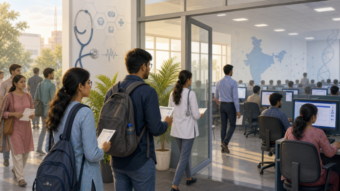 NEET PG 2026 के लिए कंप्यूटर आधारित परीक्षा केंद्र में प्रवेश करते मेडिकल अभ्यर्थियों का संपादकीय चित्र
