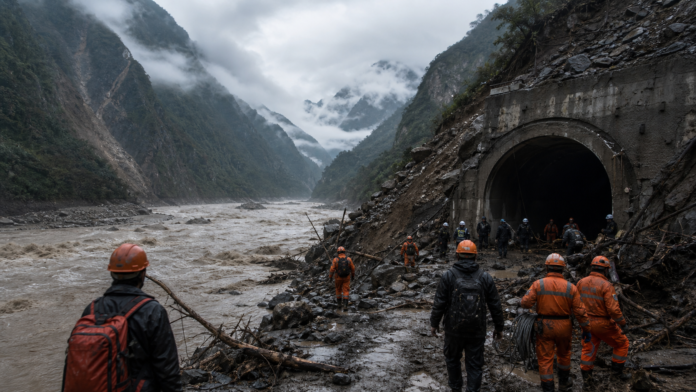 Rescue teams beside a damaged hydropower tunnel during the Nepal–Tibet flood emergency