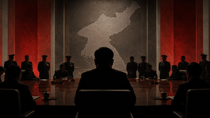 Editorial illustration of a North Korean military leadership meeting in Pyongyang