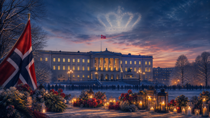 Editorial illustration of Oslo Royal Palace, memorial flowers and a crown motif as Norway mourns King Harald V