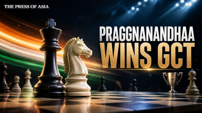 Grand Chess Tour 2026 ट्रॉफी के साथ प्रज्ञानंद की संपादकीय तस्वीर