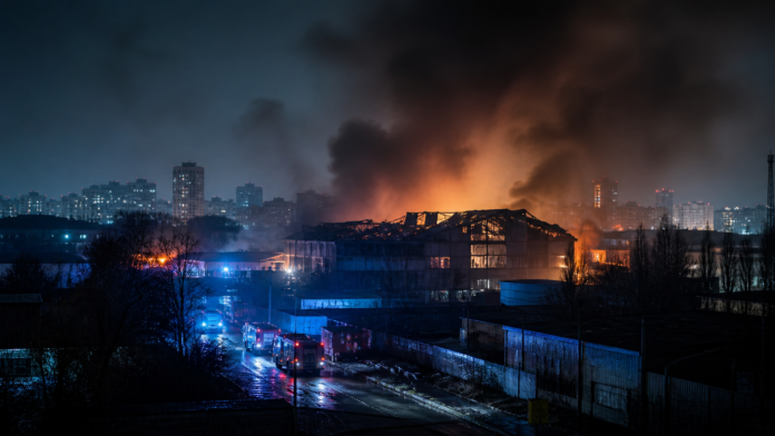 Editorial illustration of a burning warehouse and emergency response lights near Kyiv after a drone strike