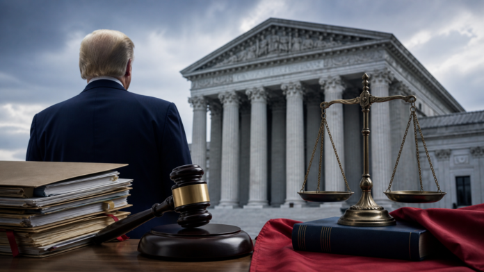 Editorial illustration of a US courthouse and justice scales for the Trump hush-money federal court ruling