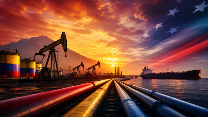 Editorial illustration of Venezuelan oil fields, pipelines and a tanker representing the US–Venezuela oil agreement