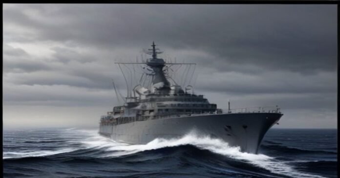 Naval warship at sea in the Arabian Sea under overcast skies
