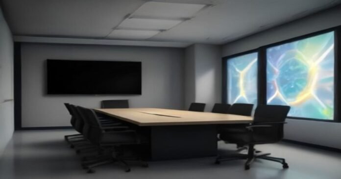 Technology executives discuss AI safety standards in a modern boardroom with neural network visuals on screen