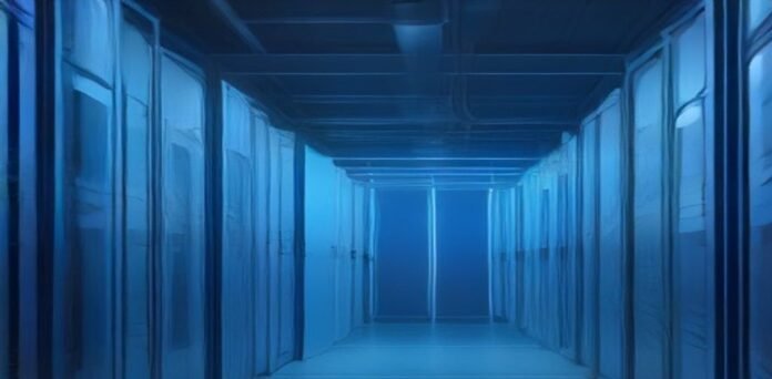 AI-generated editorial illustration of a data center server room, representing the Cisco ISE network access control vulnerability