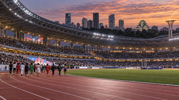 Athletics stadium at dusk for an international sporting event