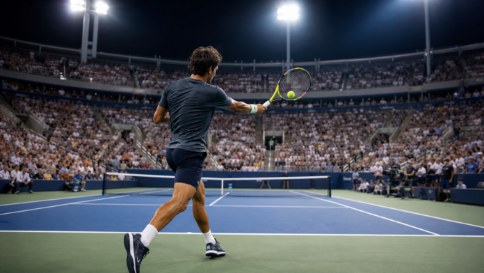 Male tennis player returning to competition under the lights at a major New York hard-court stadium