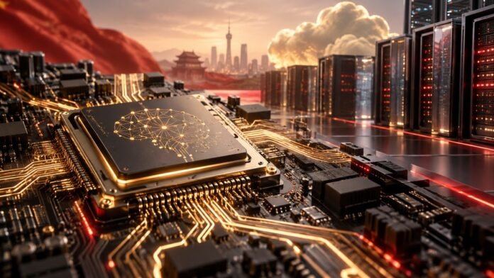 Advanced AI processor and data centre illustrating Alibaba Zhenwu V900 chip roadmap