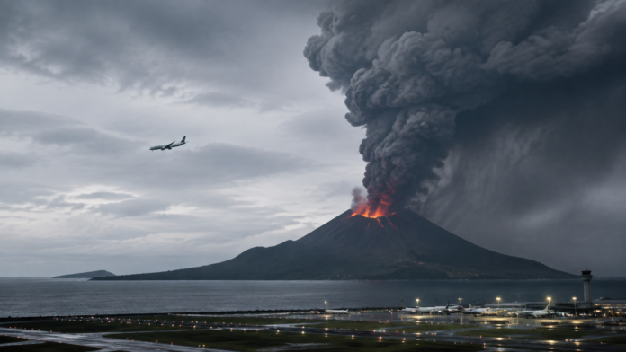Anak Krakatau volcanic ash cloud and aircraft rerouting above an Indonesian airport editorial illustration