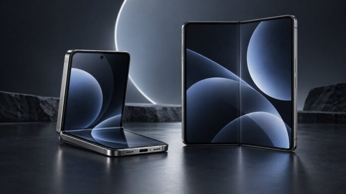 Generic editorial illustration of a premium foldable smartphone in a dark studio