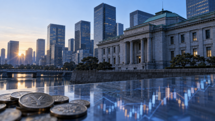 Tokyo financial district and a central bank building at sunrise