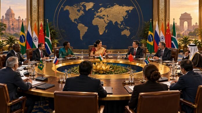 Editorial illustration of delegates at a BRICS summit in New Delhi