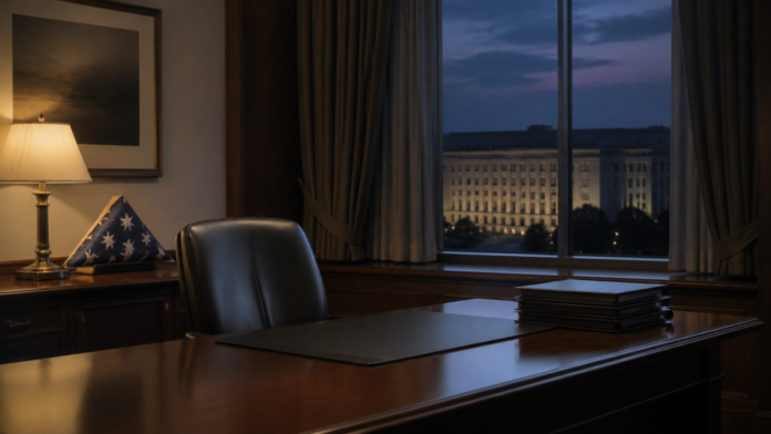 Empty senior civilian leadership desk overlooking the Pentagon after the US Army secretary resignation