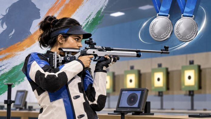 एशियाई खेलों में 10 मीटर एयर राइफल निशानेबाज और दो रजत पदक की संपादकीय तस्वीर