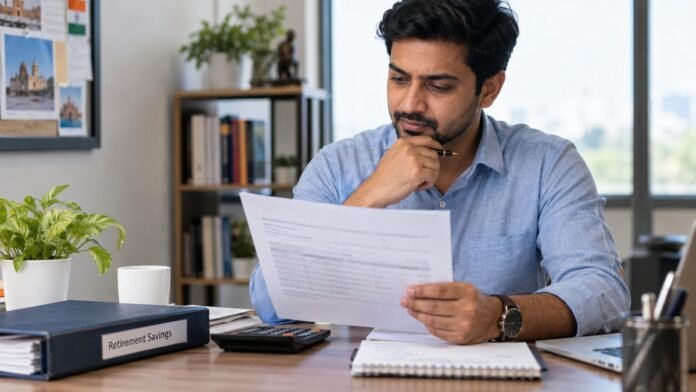 Illustration of a man at a desk reading a provident fund document