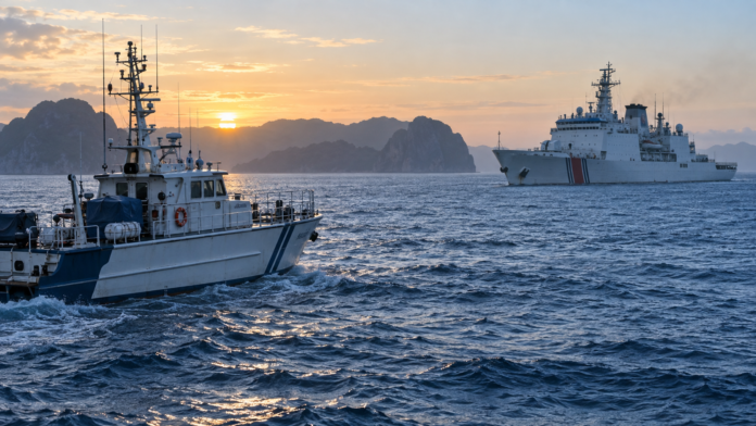AI editorial illustration of two coast guard vessels at sea near Palawan