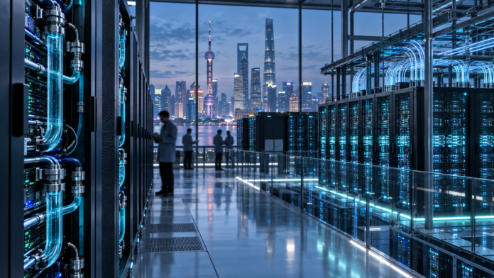 AI editorial illustration of a liquid-cooled data centre in Shanghai