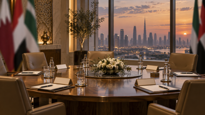 AI editorial illustration of a Middle East diplomatic meeting room