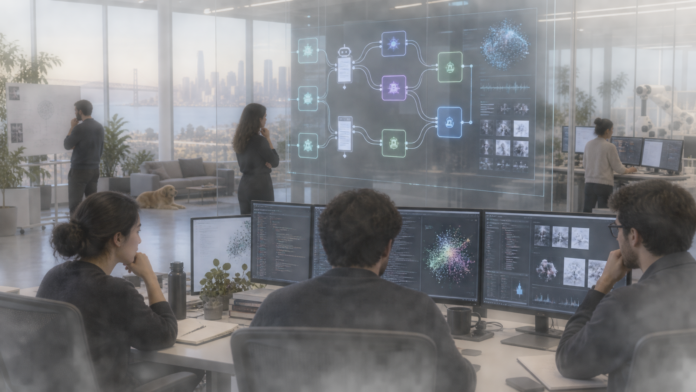 AI editorial illustration of researchers supervising AI agent workflows