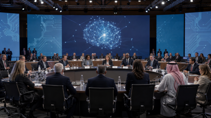 International ministers discussing artificial intelligence policy at a modern G20 conference