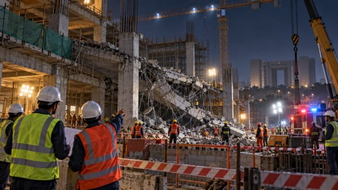Editorial illustration of emergency crews at a damaged construction site in Gandhinagar