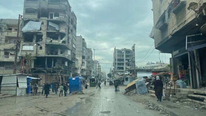 Destruction in central Gaza City, February 2025 Destroyed buildings and rubble on a street in central Gaza City