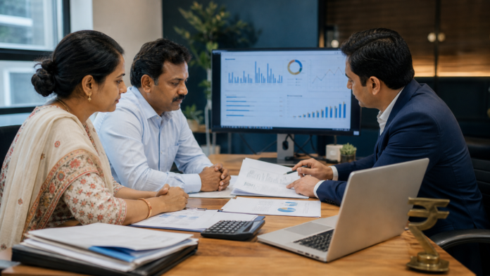 Indian business owners reviewing August 2026 GST revenue data on financial charts