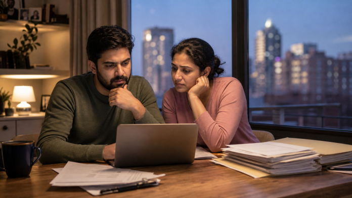 Indian professional family reviewing United States H-4 EAD work permit documents at home