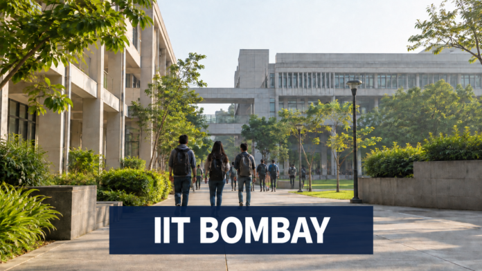 IIT BOMBAY लिखा हुआ तकनीकी परिसर में चलते छात्रों का सांकेतिक चित्र