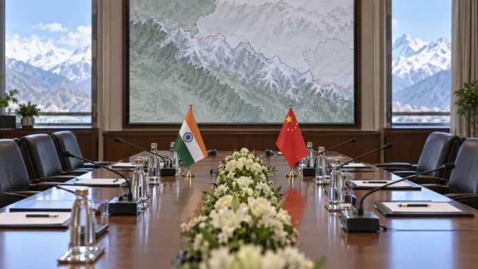 Illustration of an India-China military meeting room with national flags and a Himalayan border map