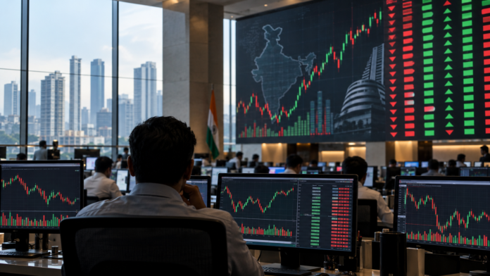 Indian traders watching a volatile market board