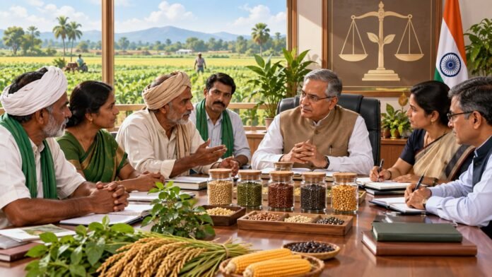 Editorial illustration of Indian farmers and officials discussing seed regulation