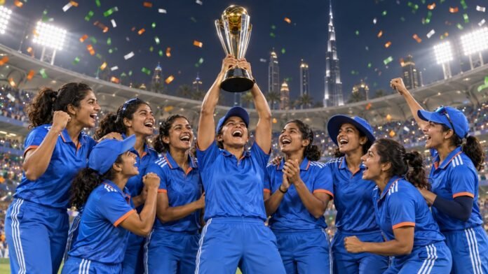 Editorial illustration of a women's cricket team in blue celebrating an Asian championship