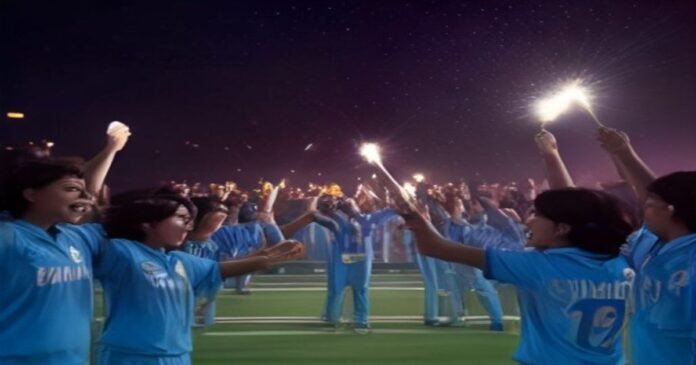 Indian women's cricket team celebrates winning the Asia Cup title with the trophy on the field